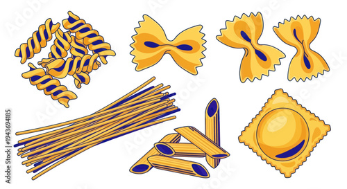 Variety of Italian Pasta Shapes Isolated on White Background