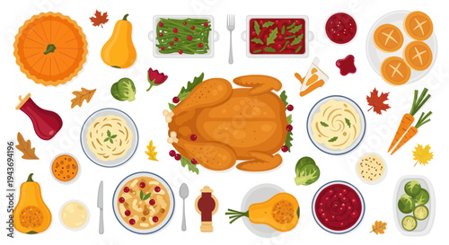 Thanksgiving Feast Table Setting with Roasted Turkey and Autumn Food