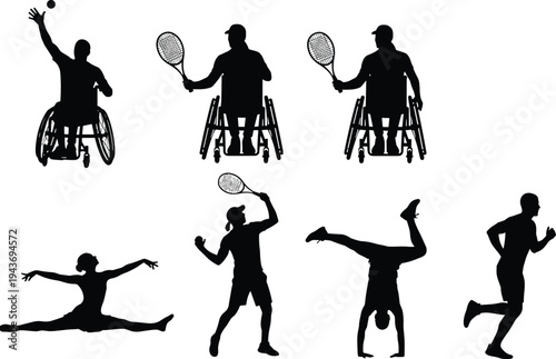 Inclusive sports silhouette illustration, athletes in action, wheelchair tennis, running, badminton, gymnastics, diversity, motion, performance, lifestyle, art