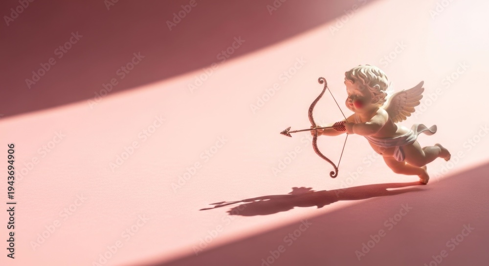 Naklejka premium Figurine of winged cherub with bow and arrow, on pink background