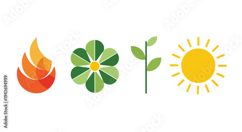 Vector illustration of Nowruz traditional symbols including fire, flower, sprout, and sun, representing the Persian New Year celebration and spring equinox festival design with a cultural