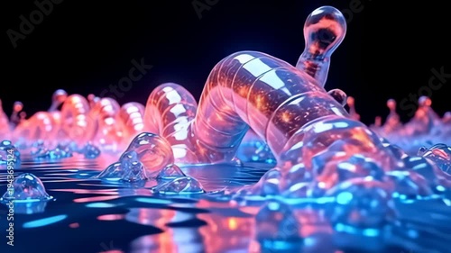 Witness a futuristic molecule flowing like digital river loop, elegantly morphing through phases of vivid colors and crystalline structures, spiraling and breaking apart in a seamless