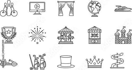 Blue line icon set for entertainment and leisure activities featuring bowling, yacht, castle, fireworks, golf, and amusement park carnival attractions