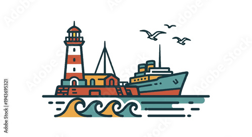 Coastal lighthouse ship and seagulls illustration on white