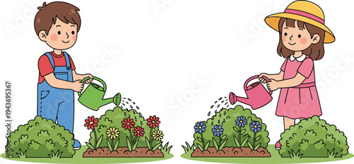 Cute cartoon illustration of a young boy and girl watering garden flowers with watering cans for spring nature and hobby education