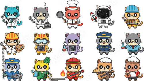 Cute cat characters with different professions including chef, astronaut, police officer, firefighter and engineer, adorable cartoon kittens jobs vector illustration set