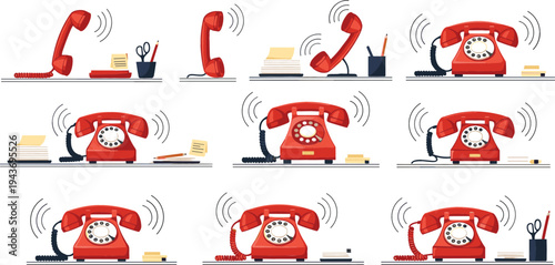 Vintage red rotary telephone ringing on office desks collection, retro landline communication device with motion lines vector illustration set