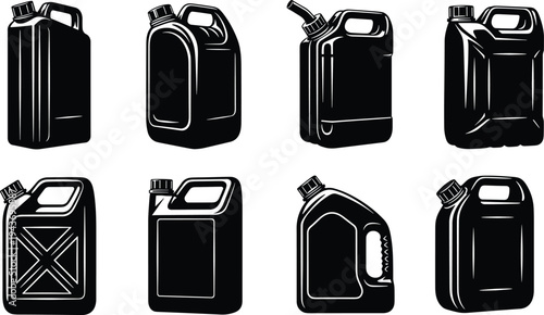 Vector set of black Jerry can icons for gasoline fuel oil and chemical storage containers isolated on a white background.