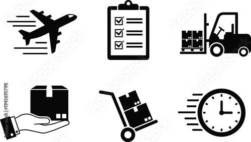 Black logistics icons featuring airplane delivery, checklist, forklift, package handling, hand truck, and fast shipping clock representing global supply chain.
