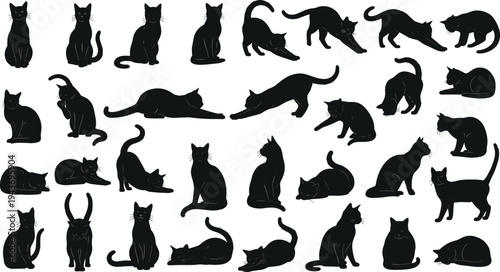 Black cat silhouettes collection with sitting, stretching, playing and hunting poses, domestic feline pet silhouette vector illustration set
