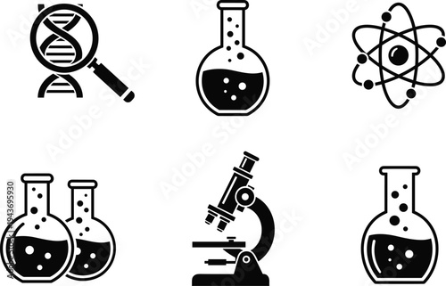 Black science icons featuring DNA helix, laboratory flasks, atom model, and microscope representing chemistry research, biology experiments, and medical education.