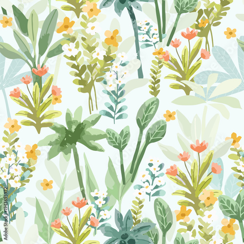 Abstract nature herb and blossom background seamless pattern