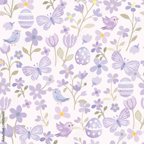 Beautiful violet butterfly and bird in floral flower garden seamless background