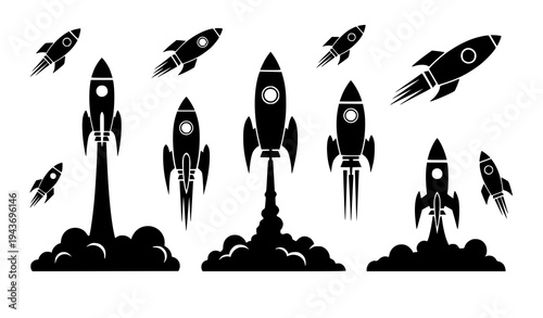 Rocket launch silhouettes space travel exploration spacecraft vector illustration set