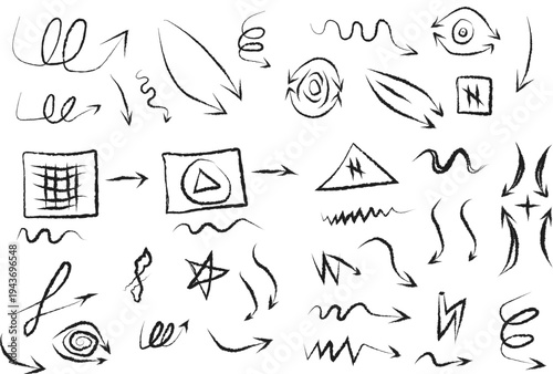 Dynamic collection of hand-drawn arrows, expressive lines, and unique graphic symbols, offering an authentic, organic feel for creative design and visual communication