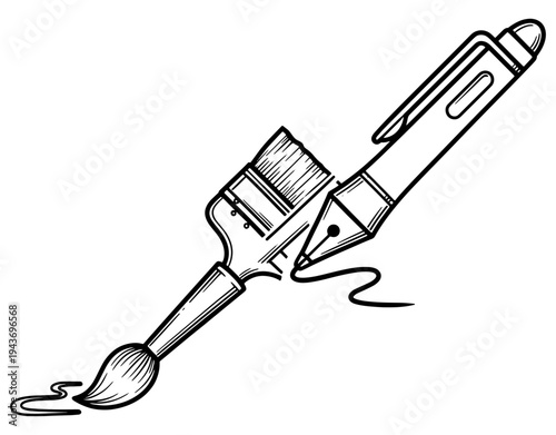Minimalist line art illustration of a traditional paintbrush and a digital stylus pen, concept of traditional vs digital art tools.