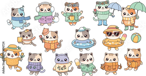 Cute summer cat characters collection with beach outfits, sunglasses, swim rings and umbrellas, adorable cartoon kittens vacation vector illustration set