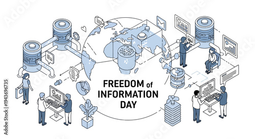 Vector illustration of people working with documents and computers around a globe on Freedom of Information Day with a design concept promoting public access to knowledge and investigation.