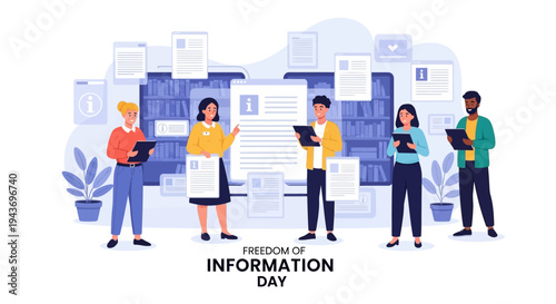 Illustration of diverse people interacting with documents and devices on Freedom of Information Day with a design celebrating public access to knowledge and investigation.