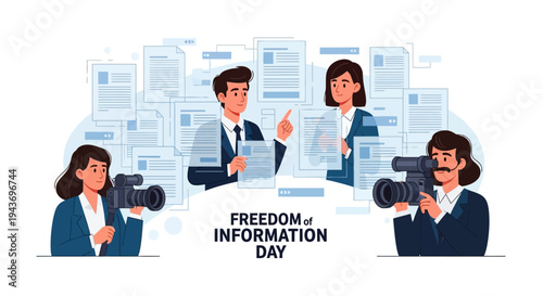 Illustration of journalists and documents celebrating Freedom of Information Day with a design concept promoting public access to knowledge and investigation.