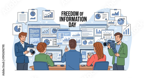 Illustration of people working together on Freedom of Information Day with computers and documents in a collaborative office setting.