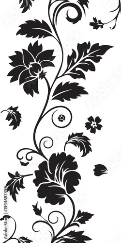 Elegant floral swirl design in black and white featuring blossoming flowers