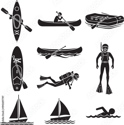 Silhouette of various water sports and activities
