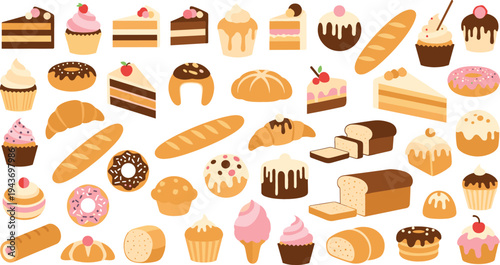 Bakery desserts and sweet pastry collection with cakes, donuts, cupcakes and bread, colorful bakery food icons set flat vector illustration