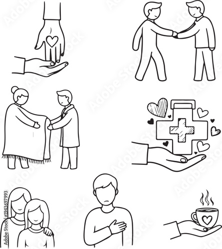 Silhouette illustrations of people helping and caring for each other