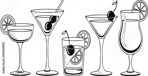 Vintage hand drawn cocktail glasses engraving illustration featuring daiquiri martini manhattan sidecar and old fashioned drinks vector set