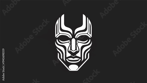 Tribal Mask Design White on Black Background.