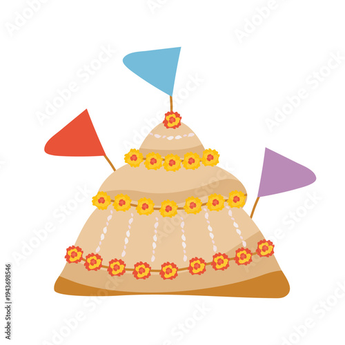 Thai Songkran Sand Pagoda Chedi Flat illustration. Traditional Buddhist festival sand stupa with flags and flowers — naive art doodle. Culture of Thailand celebration design element