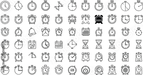 Clock, alarm and stopwatch icons mega collection, time management and countdown symbols set with vintage and modern timer outline vector illustration