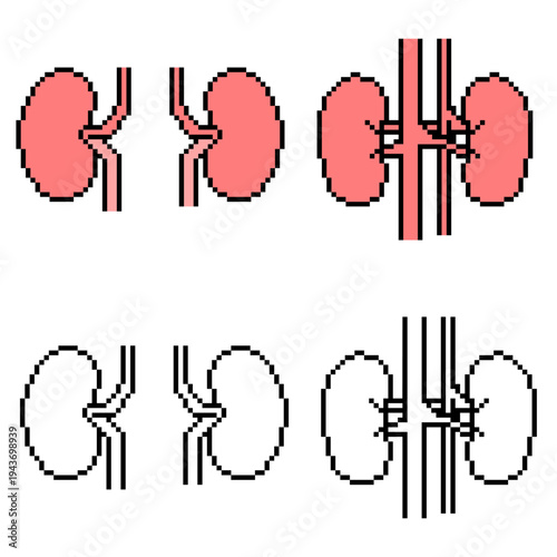 Set editable pixel kidneys vector for retro medical games. Ideal for symbolizing 8-bit human anatomy, digital health points, and nostalgic arcade style internal biology.