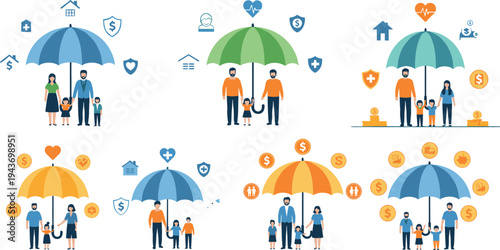 Family financial protection concept with umbrella insurance coverage, savings and security icons, household safety investment planning flat vector illustration collection