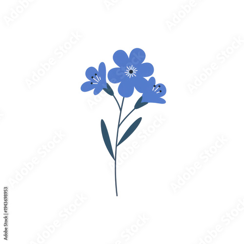 Stylized blue flower illustration with three blooms and elongated leaves isolated on white background