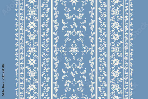 Vector Ornamental Damask Floral Border Pattern. Elegant Blue White Ornament. Oriental Ethnic Textile. Perfect for a Silk long Scarf, Shawl or Hallway Runner. Handmade Illustration.