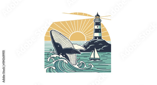 Whale lighthouse sailboat vector illustration coastal scenery