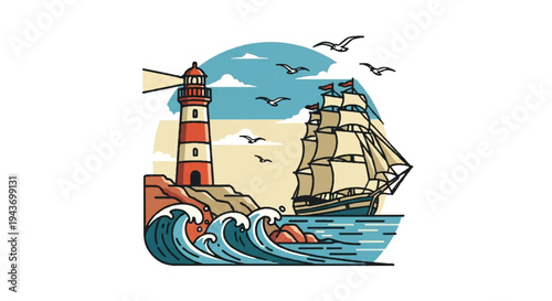 Coastal scene with lighthouse sailing ship and flying birds