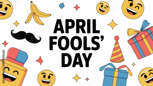 Colorful april fools' day celebration with emojis gifts and festive icons on white background