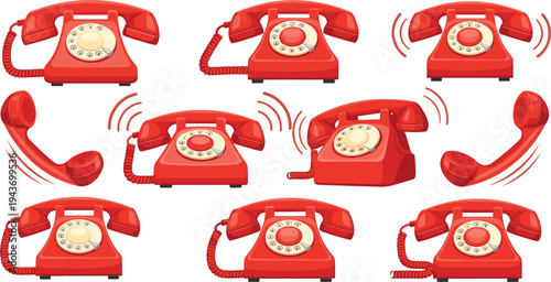 Vintage red rotary telephone collection with ringing motion icons, classic retro landline phone set isolated on background, communication technology vector illustration