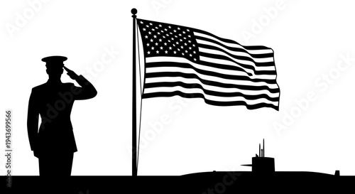 Silhouette of Soldier Saluting US Flag and Submarine on White Background