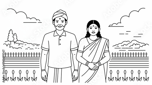 Traditional indian couple standing together in rural setting with mountains and fence