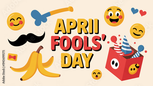 April fools' day celebration with emojis and prank items on beige background