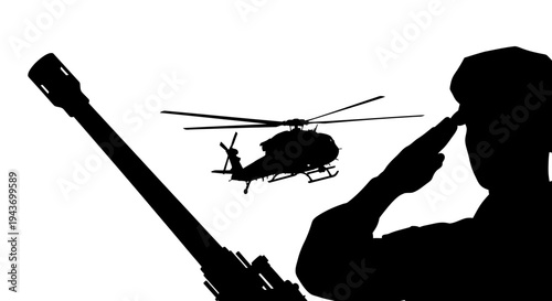 Silhouette of Soldier Saluting Near Helicopter and Weapon, Military Concept