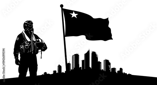 Silhouette of Soldier Standing Before Chinese Flag and Cityscape