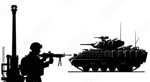 Silhouette of soldier with machine gun and armored vehicle on white background
