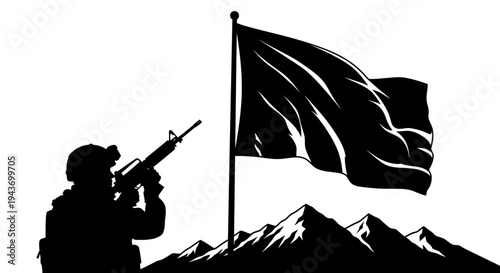 Silhouette Soldier Raising Flag on Mountain Peak