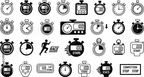 Stopwatch and timer icons collection with countdown clocks, race timing symbols and sports chronometer set isolated in black outline vector illustration