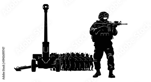 Silhouette Soldiers and Artillery Gun: Military Force, Warfare, and Combat Ready